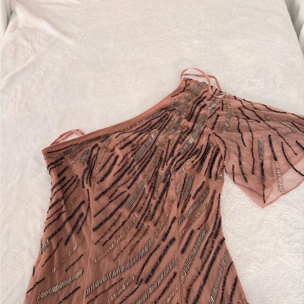 New Venus Dusty Rose Colored One Shoulder Intricate Beading Sheer Evening Gown 2 - Picture 7 of 10